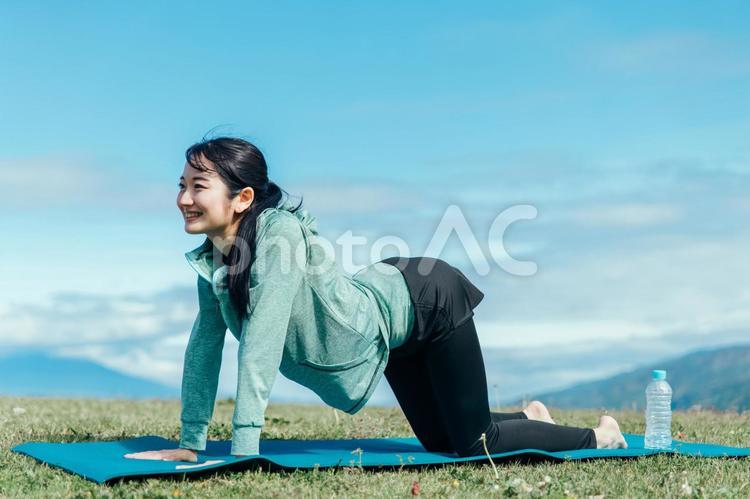 屋外でヨガをする女性（猫のポーズ） ヨガ,運動,外ヨガの写真素材