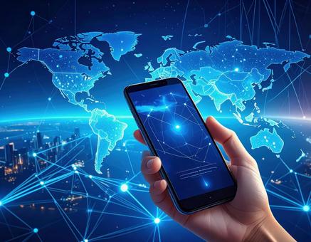 スマホと世界ネットワーク｜グローバル通信 スマートフォン,スマホを持つ手,世界地図の写真素材