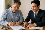 保険契約書に署名する中年男性とFP 契約,署名,中年男性の写真素材