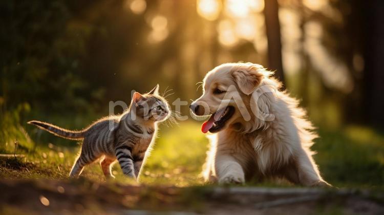 犬と猫 犬,猫,ゴールデンレトリバーの写真素材