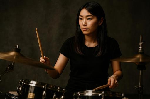 集中してドラムを叩く若い女性ドラマー 集中してドラムを叩く若い女性ドラマーの写真