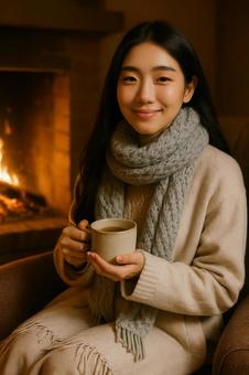 暖炉の前でくつろぐ女性の冬シーン 暖炉の前でくつろぐ女性の冬シーンの写真