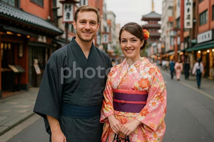 浅草で着付け体験をする外国人カップル 観光,円安,物価の写真素材