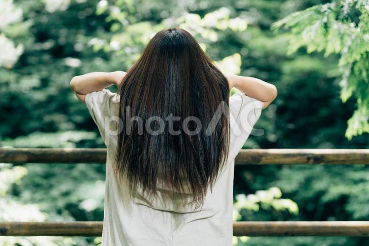 森の中にいる美髪の女性（黒髪） 髪の毛,美髪,ツヤの写真素材
