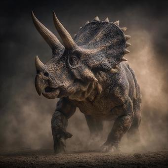 突進するトリケラトプス 突進するトリケラトプスの写真