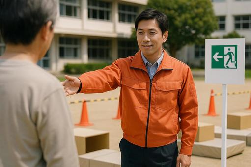避難訓練で参加者を誘導する職員 避難訓練で参加者を誘導する職員の写真