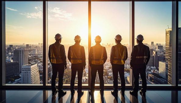 窓から街を見つめる建設作業員 窓から街を見つめる建設作業員の写真