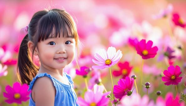 かわいい少女のポートレート コスモスの花 かわいい少女のポートレート コスモスの花の写真