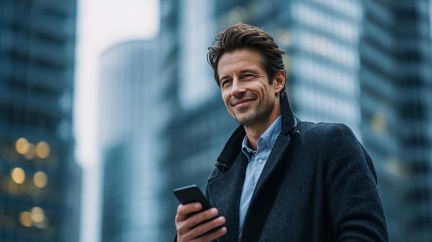 ビジネスマン:街で情報収集、笑顔で佇む ビジネスマン:街で情報収集、笑顔で佇むの写真