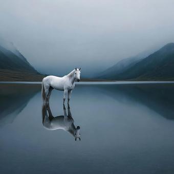 幻想的な水辺の白い馬 幻想的な水辺の白い馬の写真