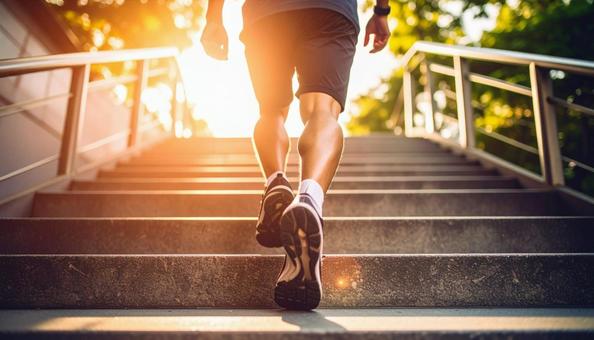 階段を駆け上がる日本人の男性ランナー 階段を駆け上がる日本人の男性ランナーの写真