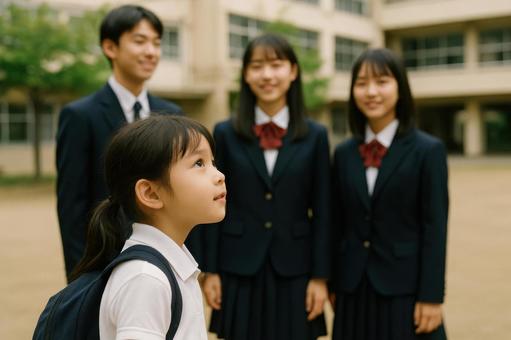 学校見学で制服姿の先輩に憧れる子ども 学校見学で制服姿の先輩に憧れる子どもの写真