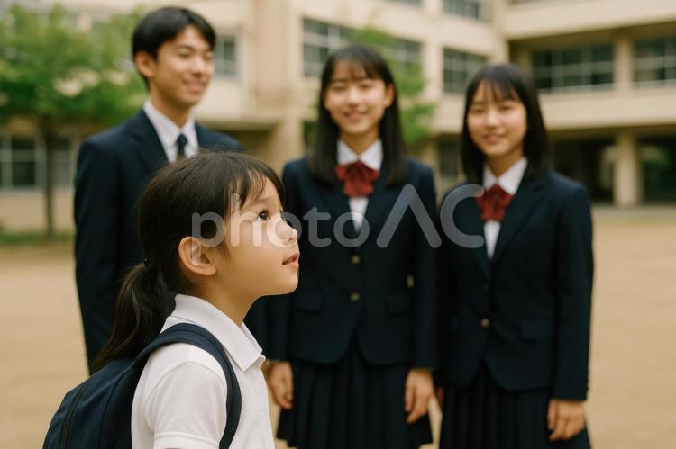 学校見学で制服姿の先輩に憧れる子ども 中学受験,学校見学,制服の写真素材
