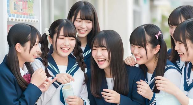 先生と楽しそうに話す女子高校生グループの写真