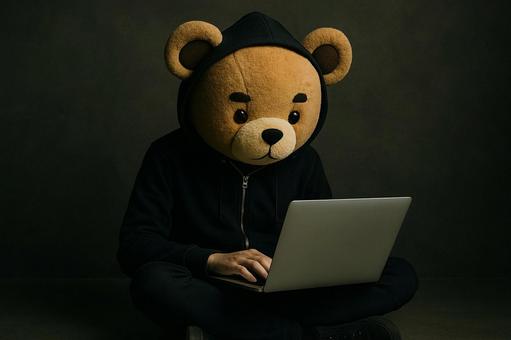 熊のマスクをかぶってパソコン作業する人物 熊のマスクをかぶってパソコン作業する人物の写真