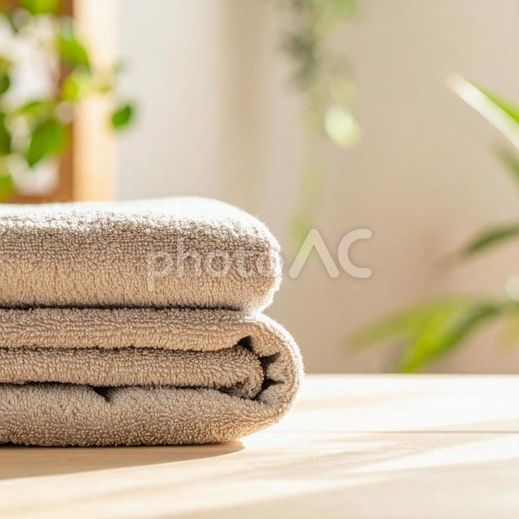 柔らかなベージュタオルと木製テーブル ベージュタオル,ロールタオル,タオルの写真素材