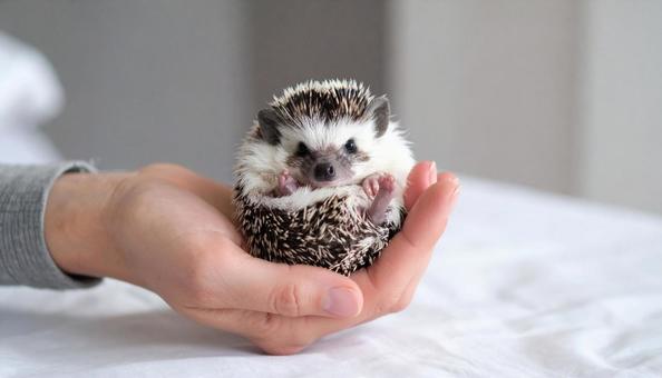 飼い主の手の中のハリネズミ 飼い主の手の中のハリネズミの写真