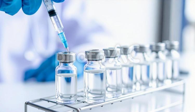 注射イメージ　薬剤を抽出している注射器 薬,注射器,バイアルの写真素材