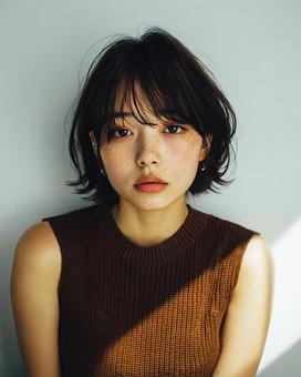 ニットを着た女性と光の筋の写真