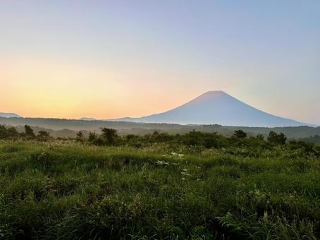 朝霧高原から見る朝の富士山 朝霧高原から見る朝の富士山の写真
