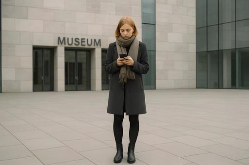 美術館前の女性 美術館前の女性の写真