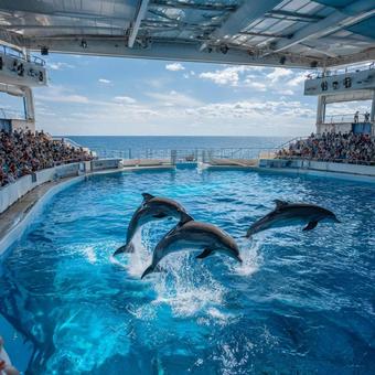 水族館でジャンプするイルカたちのショー 水族館でジャンプするイルカたちのショーの写真