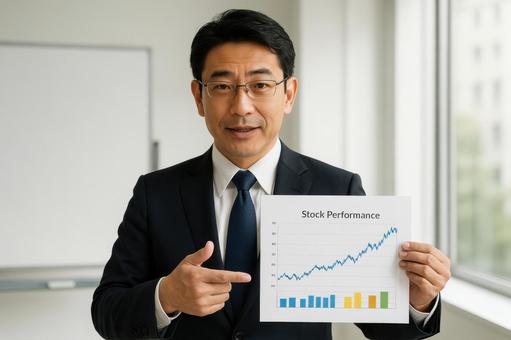 グラフをプリントして見せるビジネスマンの写真