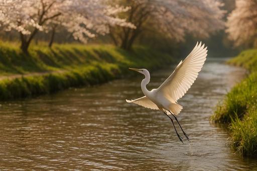 白鷺舞う桜並木の川 白鷺舞う桜並木の川の写真