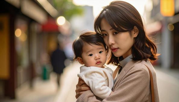 子供を抱っこして歩くシングルマザー 子供を抱っこして歩くシングルマザーの写真