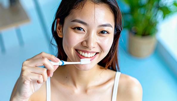歯磨きする女性 歯磨きする女性の写真