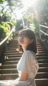 階段に座る女性 階段に座る女性の写真