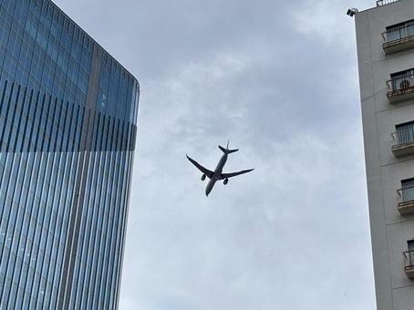 ビルの間の飛行機(曇り) ビルの間の飛行機(曇り) 飛行機,曇り空,オフィスビルの写真素材