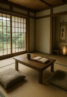A relaxing Japanese-style room with natural light streaming in, japanese style room, tatami, japanese cushion, JPG