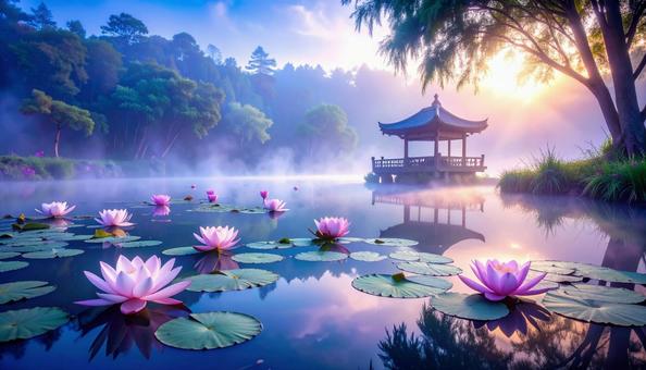 朝霧に浮かぶ蓮の花の写真