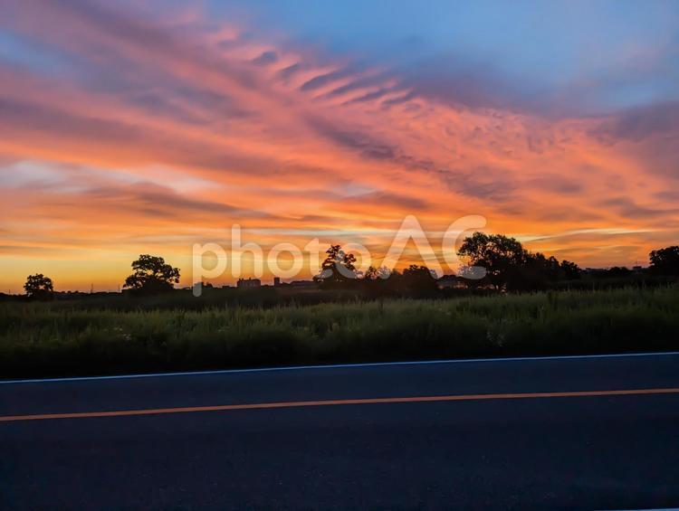 川沿いの道路からみた夕焼け 夕焼け,朝焼け,川の写真素材