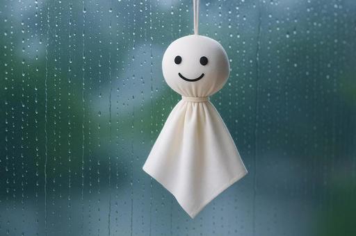 窓辺に揺れるてるてる坊主・雨の日・梅雨 窓辺に揺れるてるてる坊主・雨の日・梅雨の写真