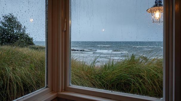雨に煙る海と緑の庭の写真