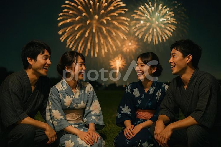 花火を見ながら語り合う友人たち 日本,友人,花火の写真素材