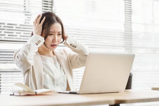 Asian woman holding her head in trouble, female, business woman, trouble, JPG