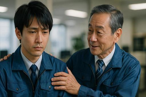 先輩が励ます作業服の人物の写真