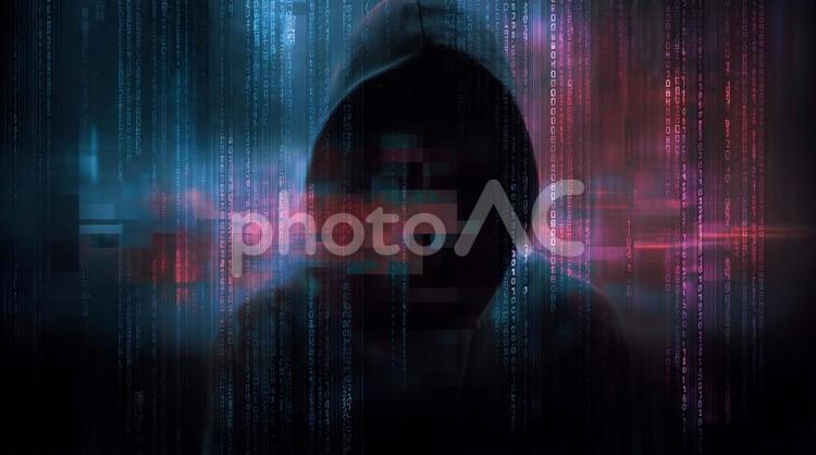 サイバー空間の仮面ハッカー・情報漏洩 ハッカー,サイバーセキュリティ,個人情報保護の写真素材