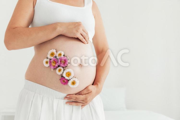 寝室でお腹を見せる妊婦さん 手元,水色,女性の写真素材