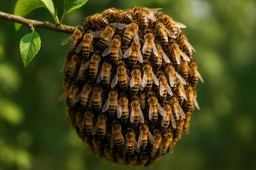 木の枝にできたミツバチの巨大な蜂球﻿の写真