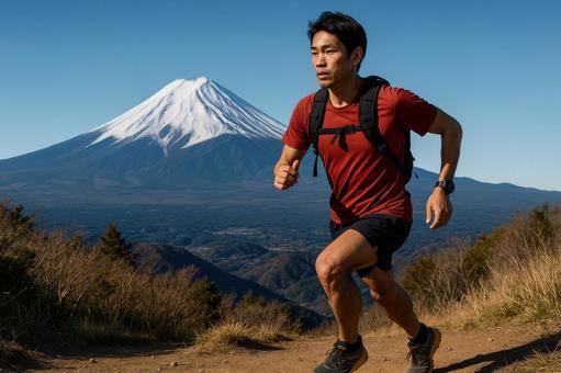 富士山を背景に走る日本人ランナーの写真