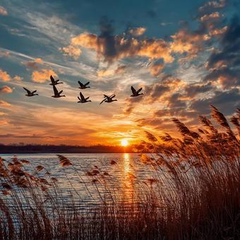 夕焼け空を飛ぶ鳥の群れ 夕焼け空を飛ぶ鳥の群れの写真