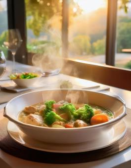 熱々のクリームシチュー(ポスター用) クリームシチュー,シチュー,ホワイトシチューの写真素材