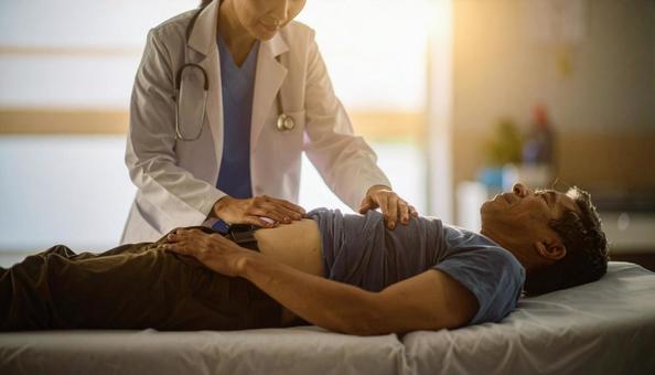 男性患者の腹部の触診を行う医師 男性患者の腹部の触診を行う医師の写真