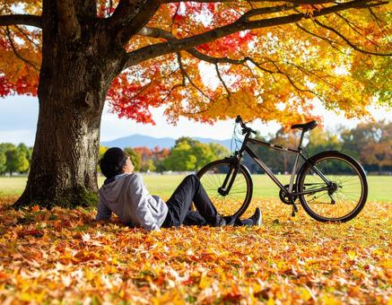 秋の木陰でサイクリングの休憩の写真
