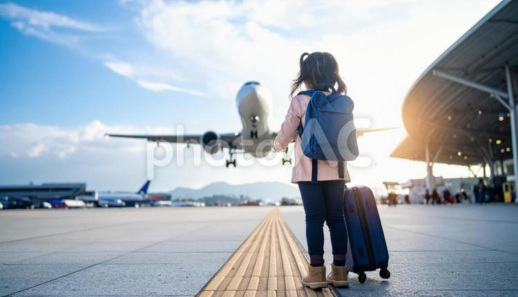 自立しようと一人で旅立つ日本人の女の子 ひとり立ち,女の子,少女の写真素材