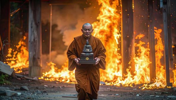 焼け落ちる寺から秘仏を抱え出てくる僧侶の写真
